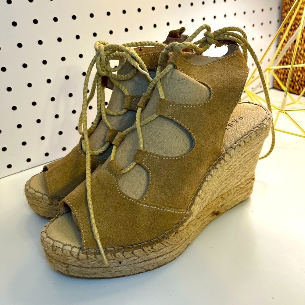 Fabiolas Tan Lace Up Cut Out Wedge Leather Espadrille Sandals